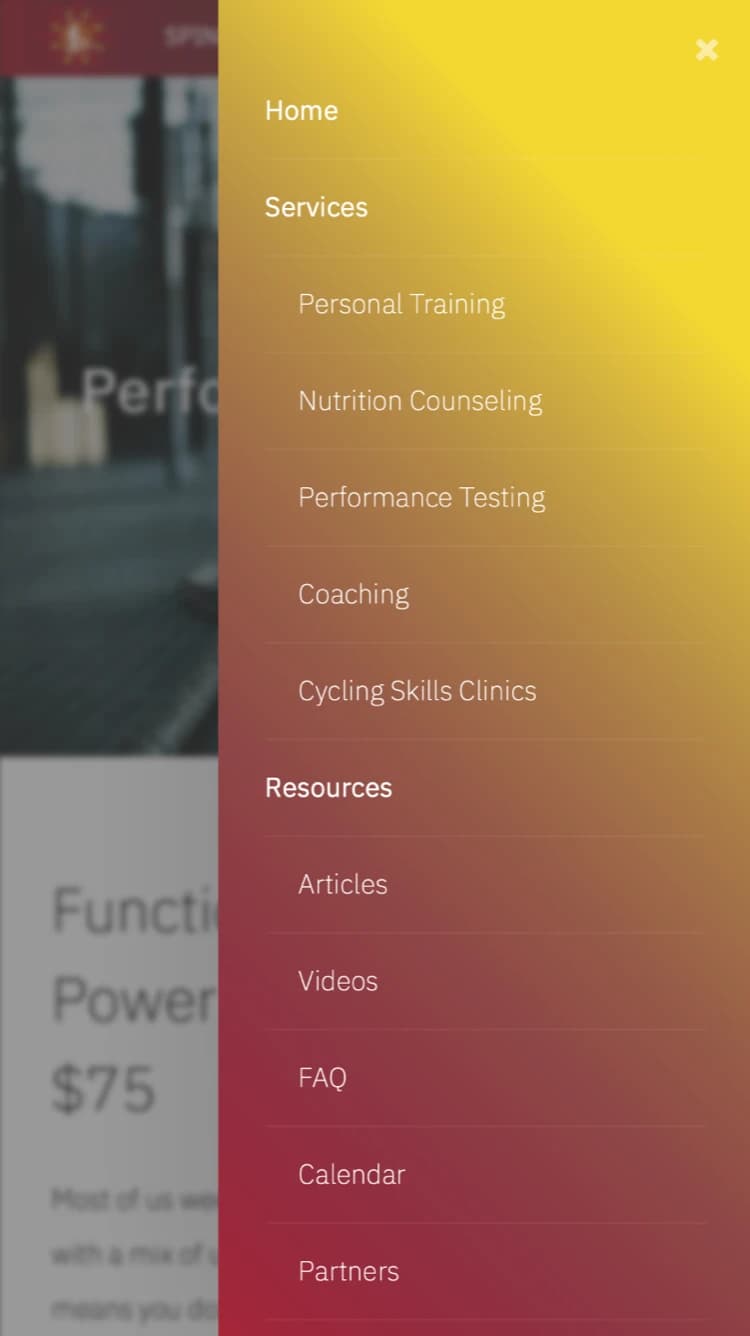 spin doctors performance website menu on a mobile device