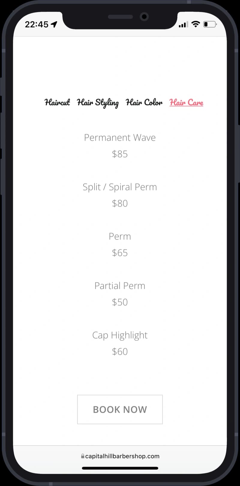 capital hill barbershop website hair care on section on mobile device.