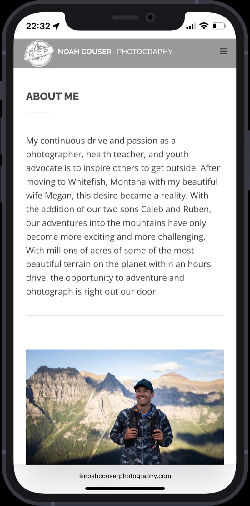 phone view of about page on noah couser photography website