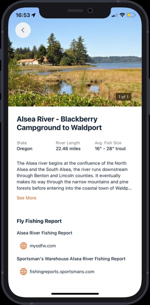 OnWater app mobile app selected river information page