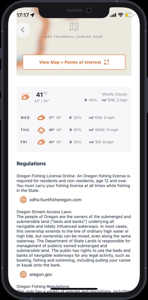 OnWater app mobile app showing more information on selected river