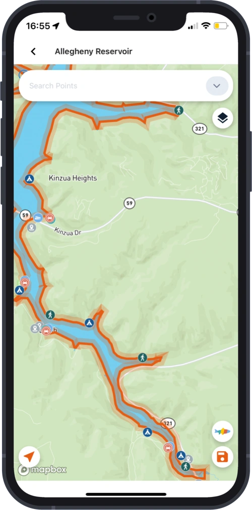 OnWater app mobile map view of the Allegheny River