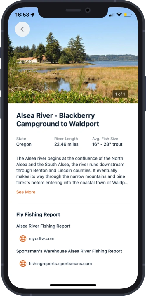 OnWater app mobile app selected river information page