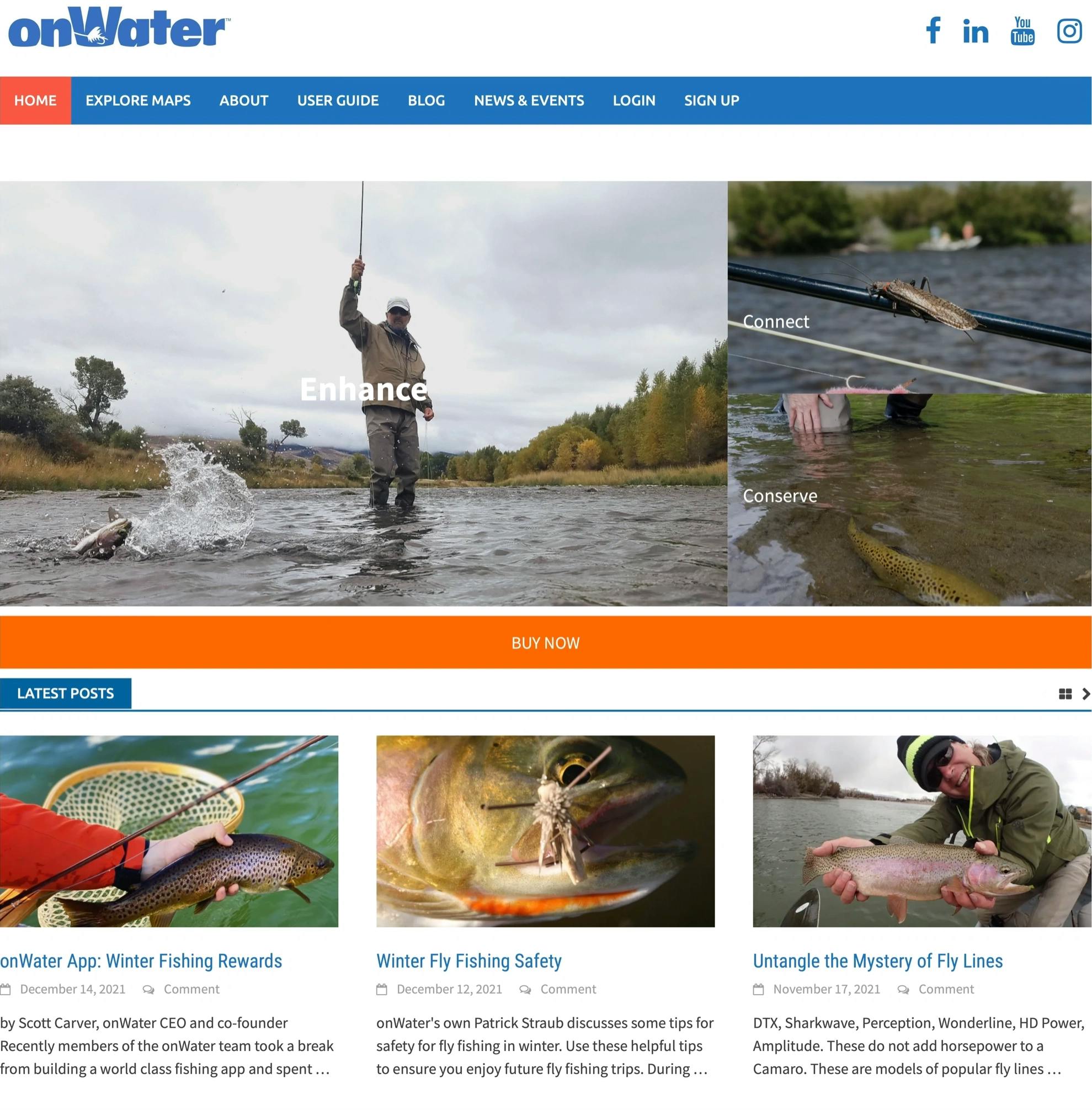 Wordpress homepage for OnWater fly fishing