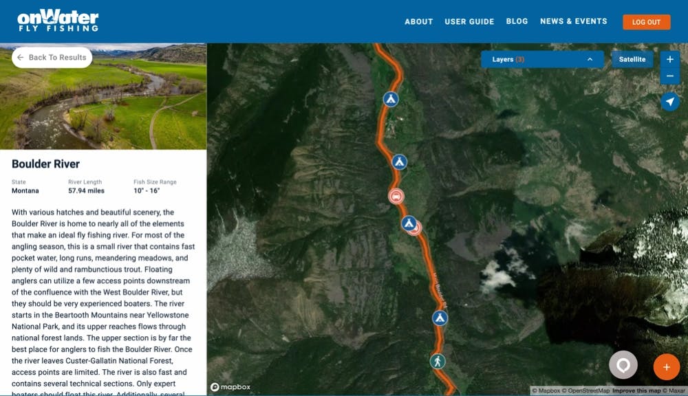 OnWater app showing information on the boulder river